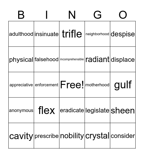 Spelling - Lesson 4 Bingo Card