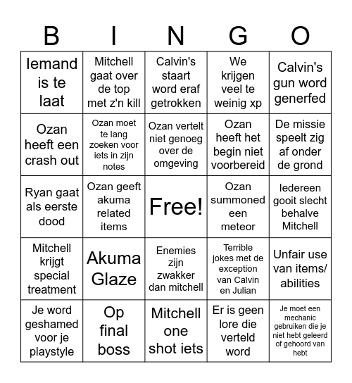 D&D exprieince Bingo Card