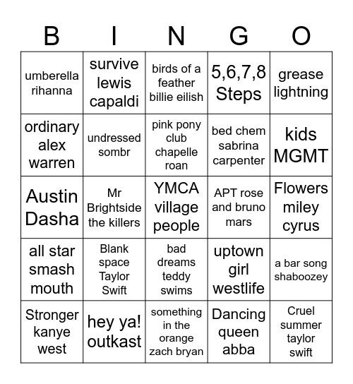 Music Quiz Bingo Card