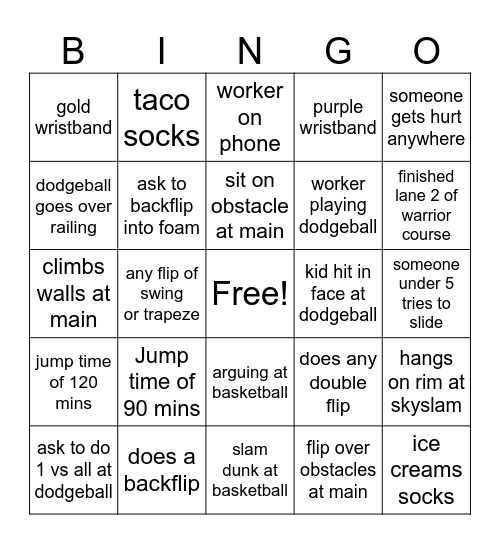 Skyzone Bingo (2.0) Bingo Card