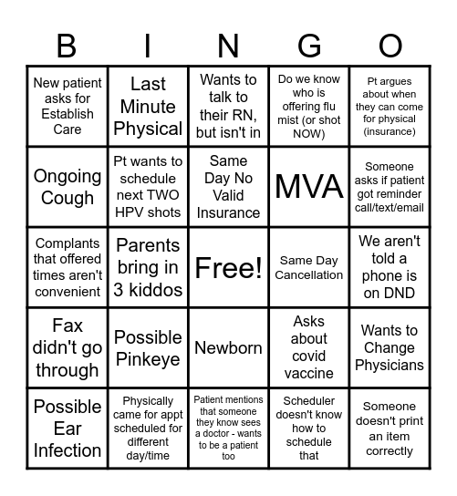 Peds Scheduling Bingo Card