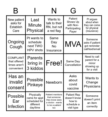 Peds Scheduling Bingo Card