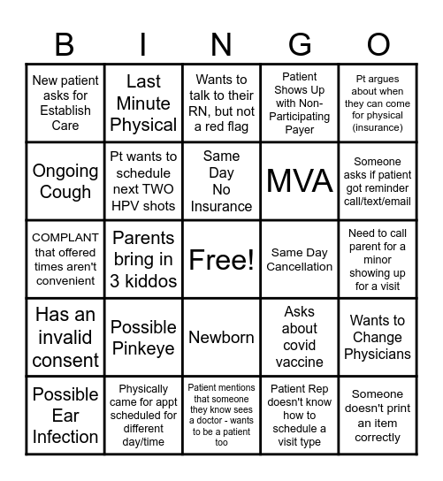 Peds Scheduling Bingo Card
