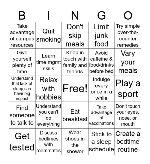 Health & Wellness Bingo Card