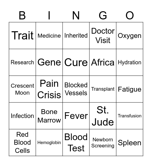 Sickle Cell Anemia Bingo Card
