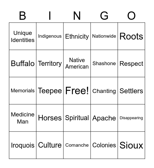 Native American Club Bingo Card