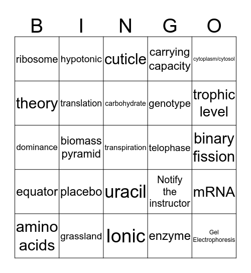 BIOLOGY STATE TEST BINGO Card