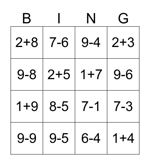 Subtraction to 10 Bingo Card