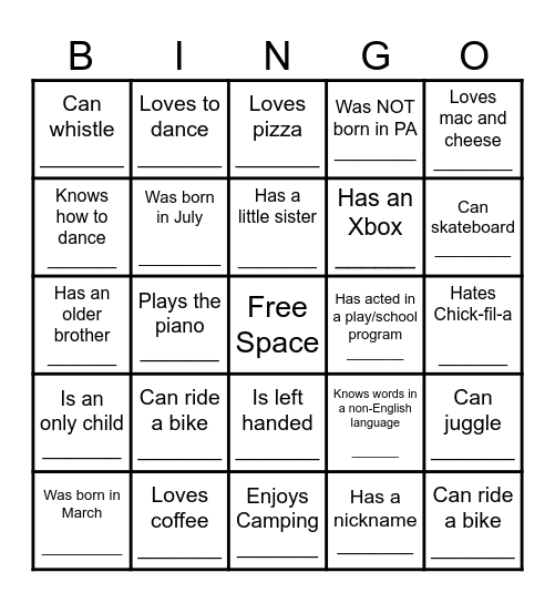 YOUTH HUMAN BINGO Card