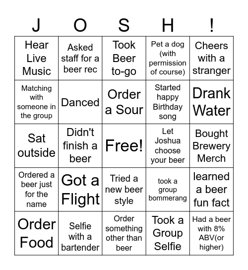 Joshua's Birthday Brewery Crawl Bingo Card