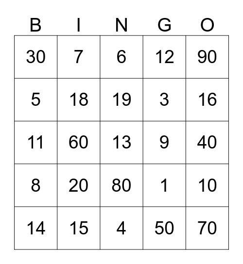 CARDINAL NUMBER Bingo Card