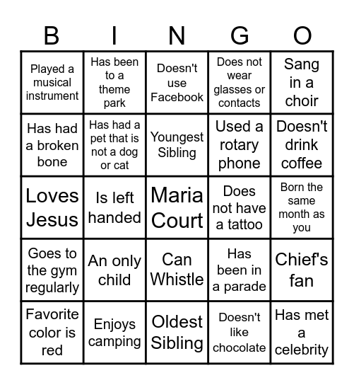 Maria Court Staff Bingo Card