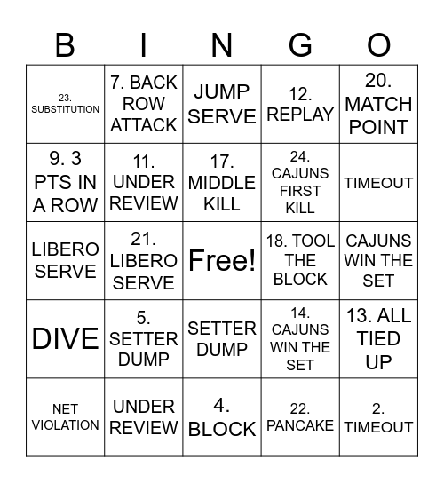 Louisiana Volleyball Bingo Card