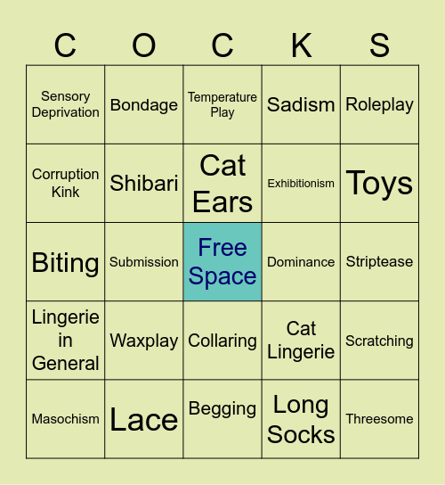 Finn's Kink Bingo Card