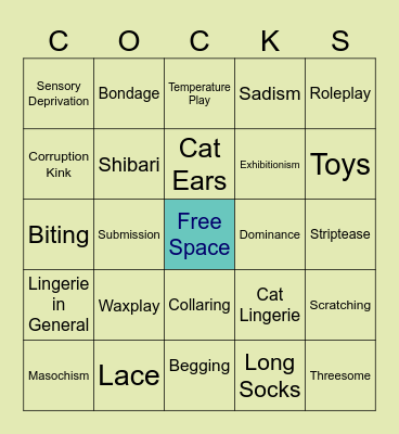 Finn's Kink Bingo Card