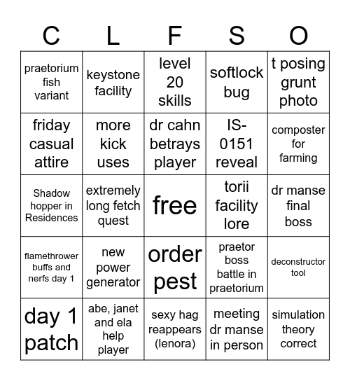 COLD FUSION Bingo Card