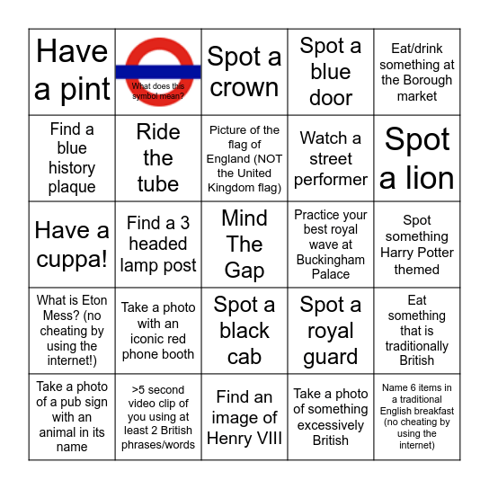 London Bingo Card
