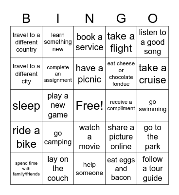 Vaction activities Bingo Card