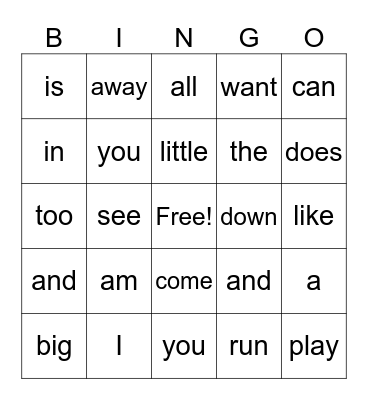 Sight Words Bingo Card