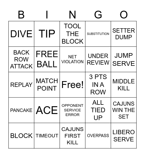 Louisiana Volleyball Bingo Card