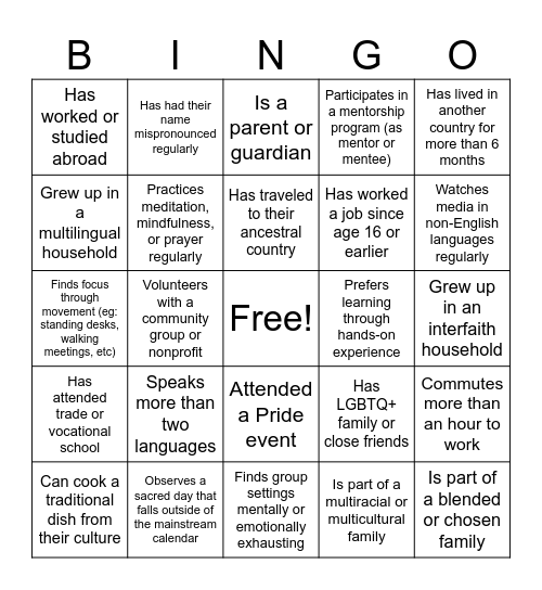 Inclusion Bingo Card