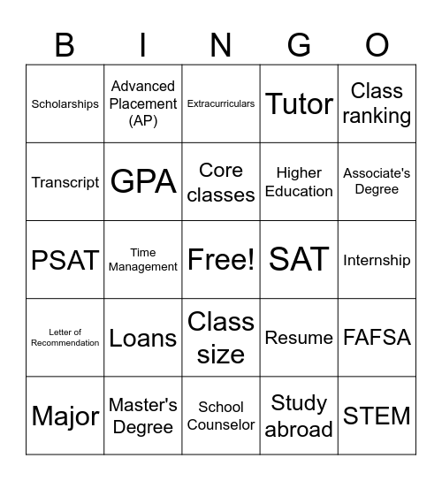 College & Career Awareness BINGO Card