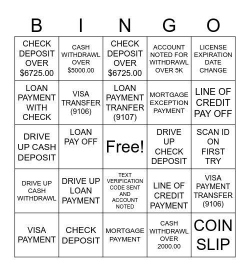 PTM TRANSACTION BINGO Card