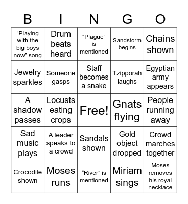 Prince of Egypt Bingo Card