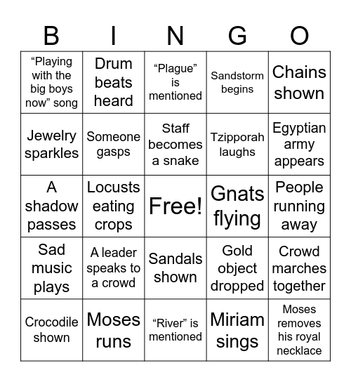 Prince of Egypt Bingo Card