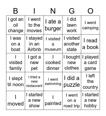 What did you do this summer? Bingo Card
