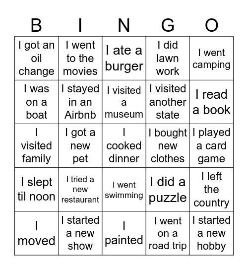 What did you do this summer? Bingo Card
