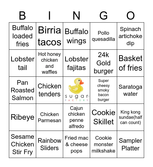 Sugar Factory Bingo Card