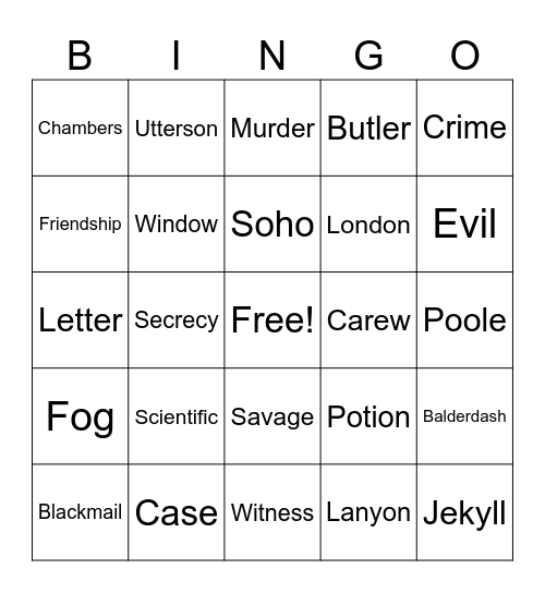 Dr. Jekyll And Mr. Hyde Bingo Card