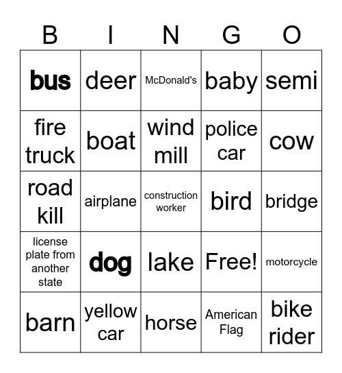 Car BINGO Card