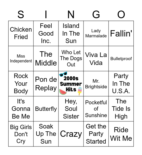 2000s Summer Hits Singo - 30 songs Bingo Card
