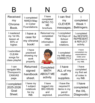 Mrs. Thompson's Back to School BINGO Card