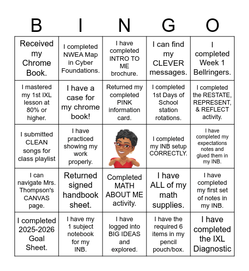 Mrs. Thompson's Back to School BINGO Card