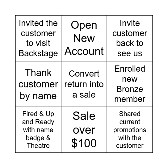 Hospitality Bingo Card