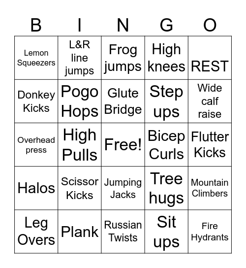 Fitness Bingo Card