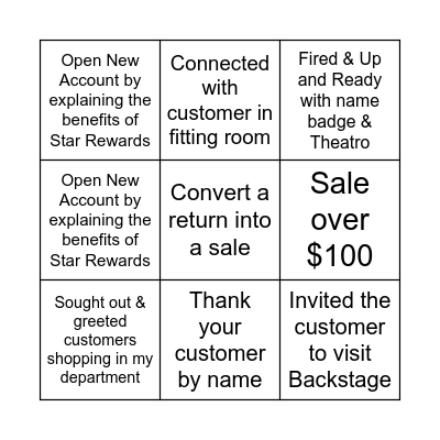 Hospitality Bingo Card