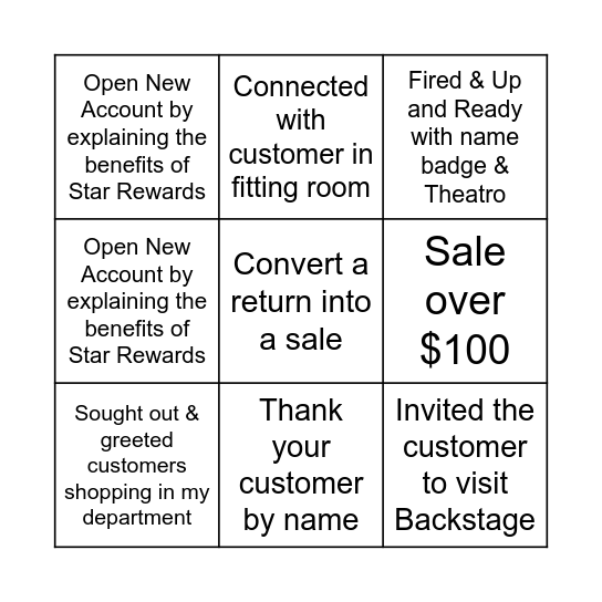 Hospitality Bingo Card
