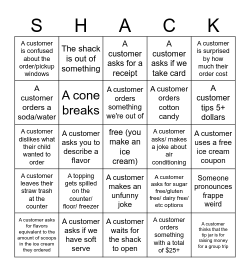 Shack bingo Card