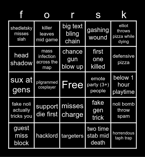 forsaken Bingo Card