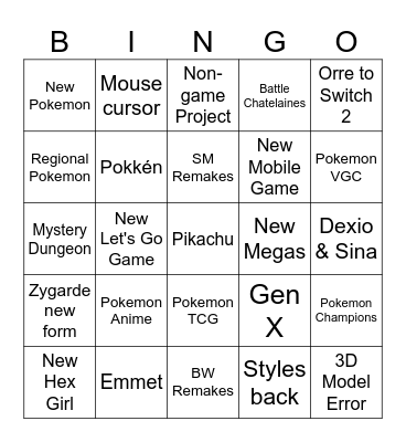 Pokemon Direct Bingo Card