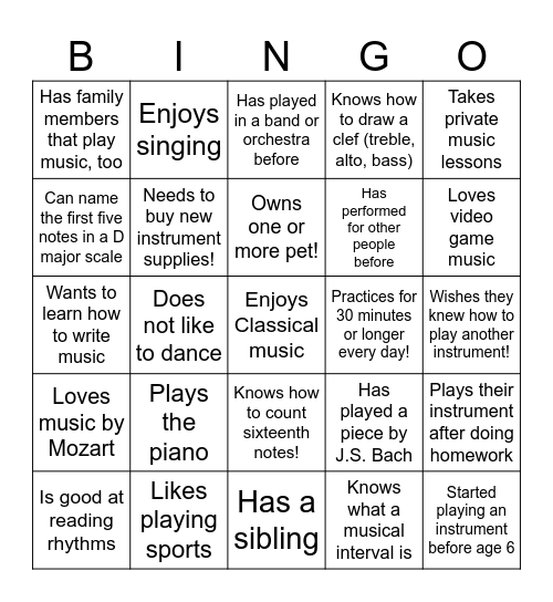 Music Get-to-Know-You BINGO Card