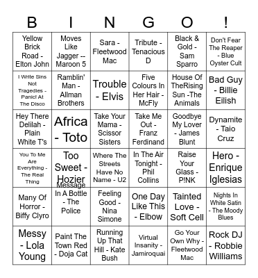 Our House Musical Bingo Card