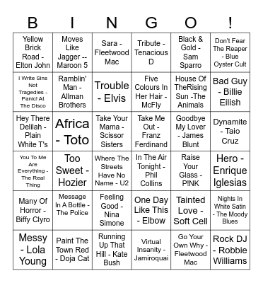 Our House Musical Bingo Card