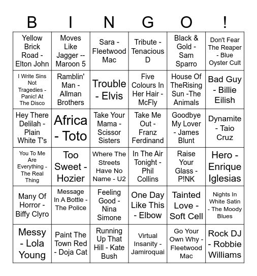 Our House Musical Bingo Card