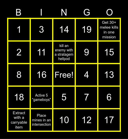 Helldivers Bingo Card