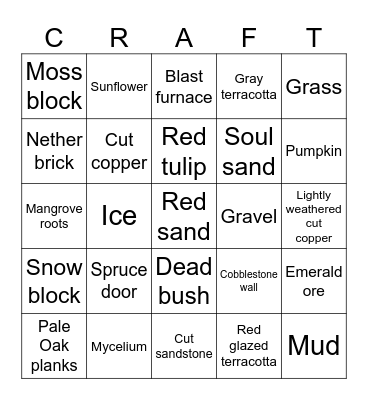 Minecraft block Bingo Card